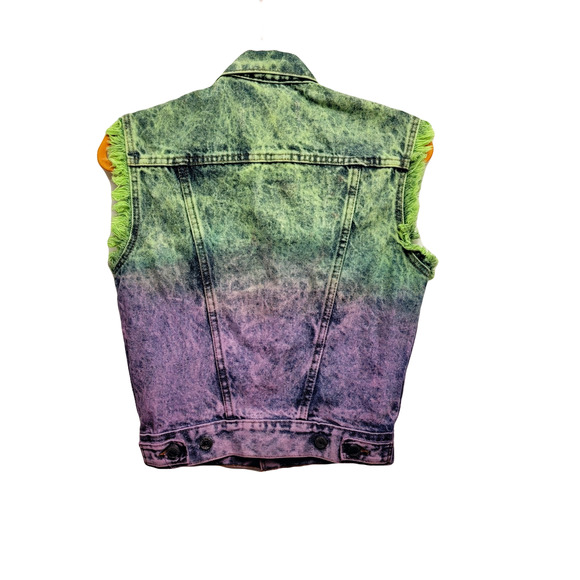 Sleeveless collared denim jacket green purple Extra Small buttoned - Picture 2 of 2